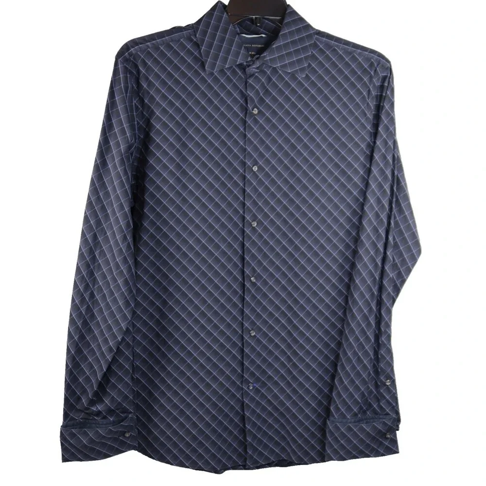Banana Republic Dress Shirt Men's Size Large French Cuffs Black with Blue Check